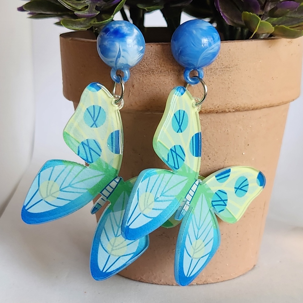 Blue Green Butterfly Acrylic Statement Drop Earrings Polka Dot Whimsical Dangles